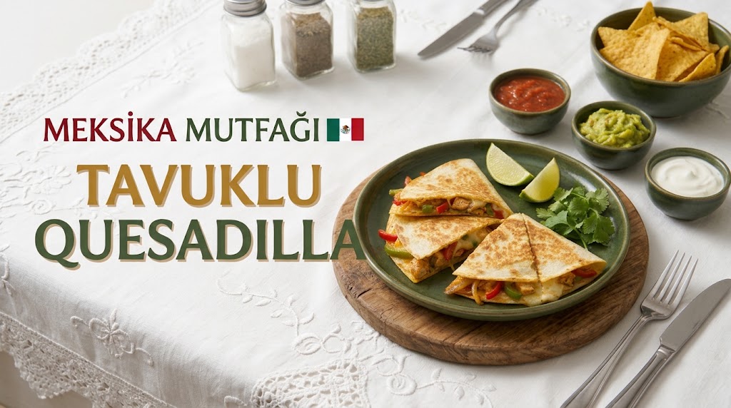 Sol tarafında "MEKSİKA MUTFAĞI 🇲🇽 TAVUKLU QUESADILLA" yazısı yer alan, dantelli beyaz örtü üzerindeki yuvarlak ahşap altlıkta koyu yeşil seramik tabakta sunulan tavuklu ve peynirli quesadilla dilimleri; yanında misket limonu dilimleri, taze kişniş, küçük seramik kasede salsa, guacamole ve yoğurt sosları ile nacho cipsleri.