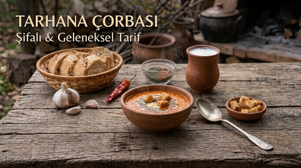 Sol üst köşesinde "TARHANA ÇORBASI - Şifalı & Geleneksel Tarif" yazısı bulunan, dış mekanda eski bir ahşap masa üzerinde dumanı üstünde tüten toprak kasede geleneksel tarhana çorbası; yanında hasır sepet içinde dilimlenmiş ekmek, sarımsak, kurutulmuş kırmızı biber, toprak bardakta köpüklü ayran, baharat ve küçük toprak kasede kruton (çorba ekmeği) ile metal kaşık.