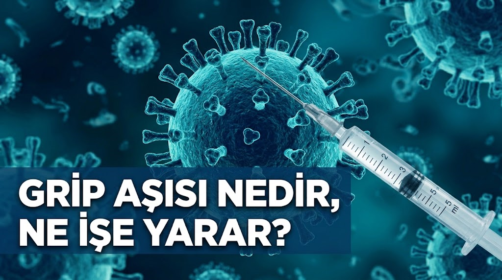 Koyu mavi ve turkuaz mikroskobik ortamda influenza (grip) virüsünün 3D tıbbi illüstrasyonu ve altta büyük harflerle Grip Aşısı Nedir, Ne İşe Yarar? yazısı