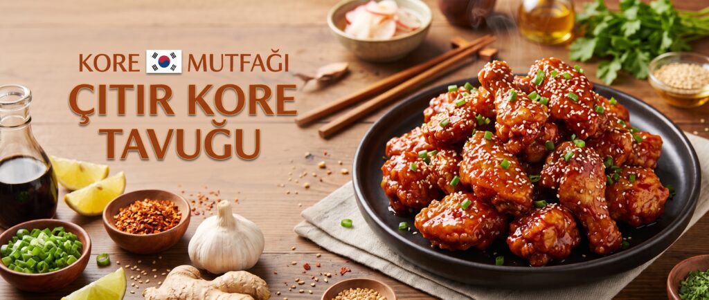 Kore usulü çıtır tavuk (Yangnyeom) banner görseli; beyaz mermer tezgah üzerinde Kore bayraklı "Kore Mutfağı - Çıtır Kore Tavuğu" yazısı, sarımsak, zencefil, taze soğan ve susamlı soslu tavuk tabağı.