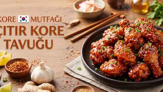 Kore usulü çıtır tavuk (Yangnyeom) banner görseli; beyaz mermer tezgah üzerinde Kore bayraklı "Kore Mutfağı - Çıtır Kore Tavuğu" yazısı, sarımsak, zencefil, taze soğan ve susamlı soslu tavuk tabağı.