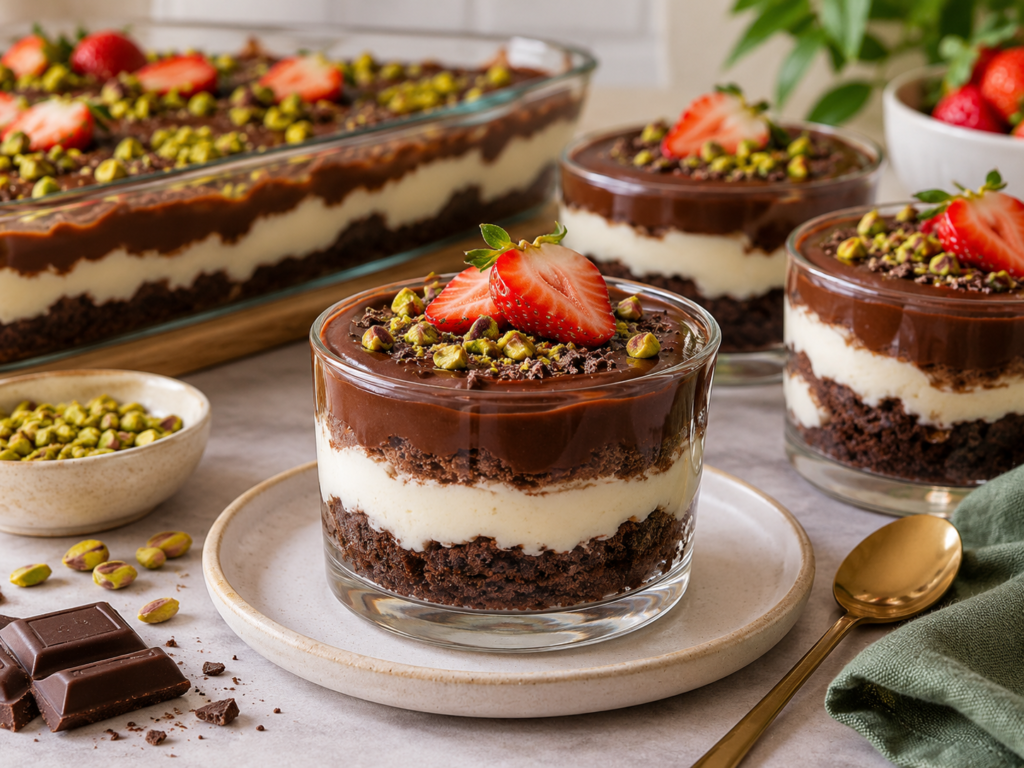 Spoonful tatlısı, kakaolu kek, sütlü krema ve çikolata sosuyla hazırlanan çilekli ve Antep fıstıklı tatlı.
