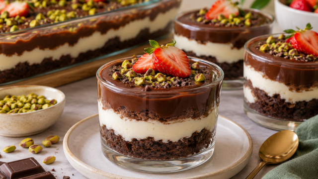 Spoonful tatlısı, kakaolu kek, sütlü krema ve çikolata sosuyla hazırlanan çilekli ve Antep fıstıklı tatlı.