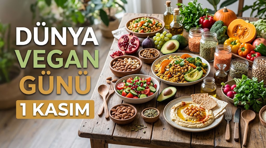 "Dünya Vegan Günü - 1 Kasım yazılı; ahşap masa üzerinde renkli vegan yemekler, humus, taze sebze, meyve ve kuruyemişlerle donatılmış festival sofrası."